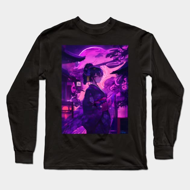 Purple neon Japanese girl Long Sleeve T-Shirt by Spaceboyishere